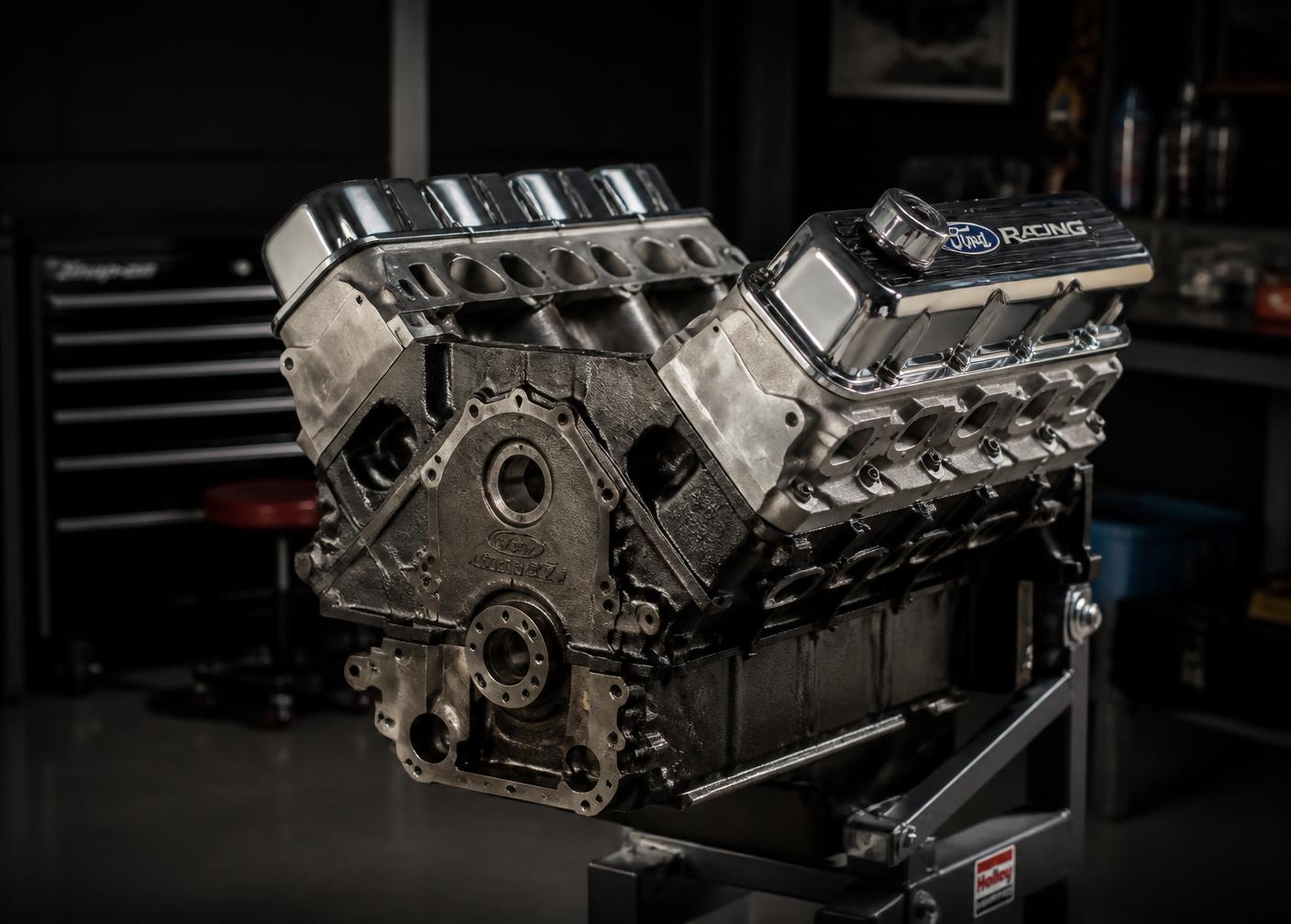Ford big block V8 engine mounted on an engine stand in the Globeline workshop