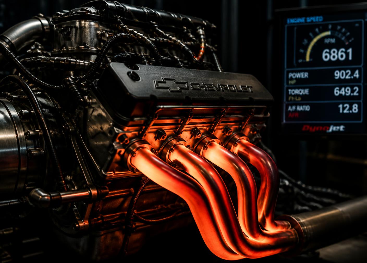Performance engine on the dyno with glowing exhaust headers and a power readout